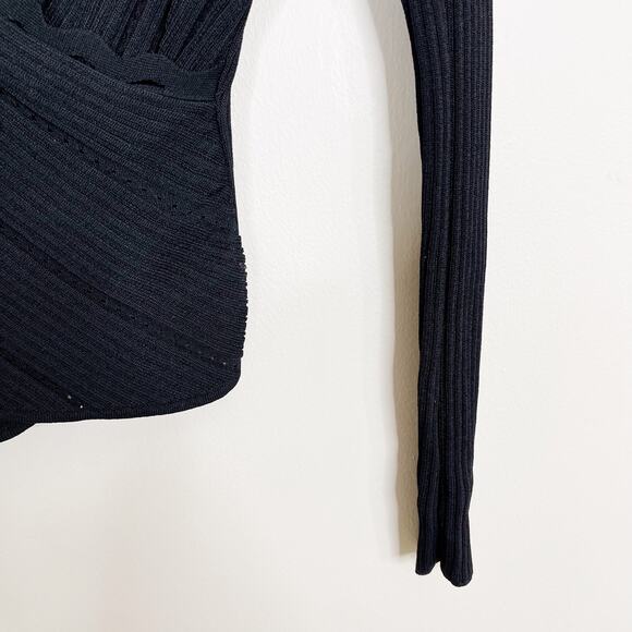 Jonathan Simkhai Ribbed Knit Wrap Long Sleeve Cropped Top Sweater Black XSmall - Picture 4 of 7